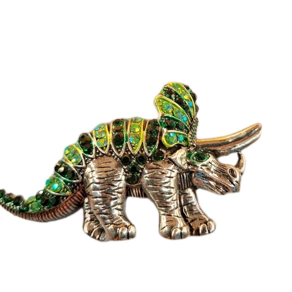 Metal Gallery Silver Green Sparkle Rhinestones Stegosaurus Brooch/Pin Y2k NWT!